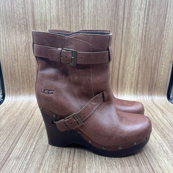UGG Taryn Brown Leather Wedge Heeled Ankle Booties Boots Women’s Size 7 - Picture 1 of 8
